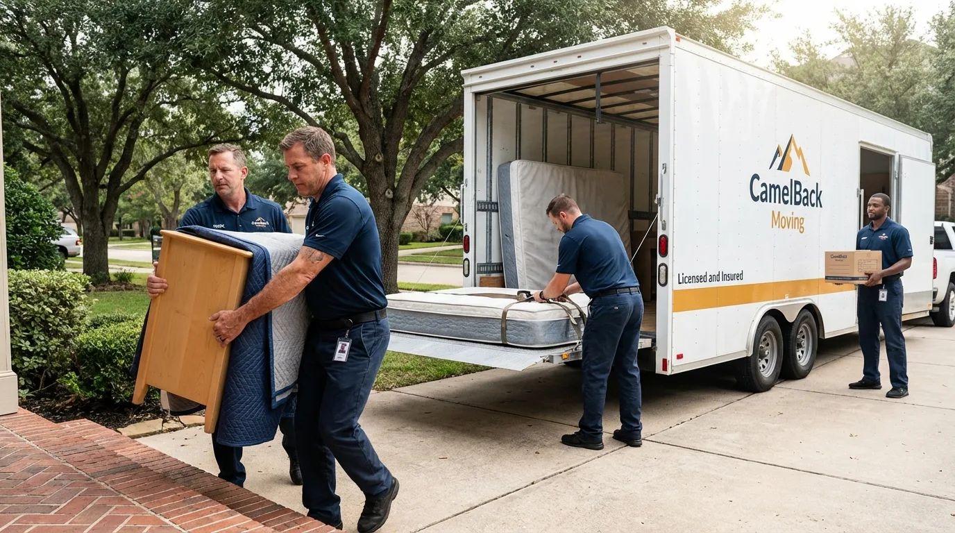 Crew loading residential truck for cross-state move from Hardin, IL