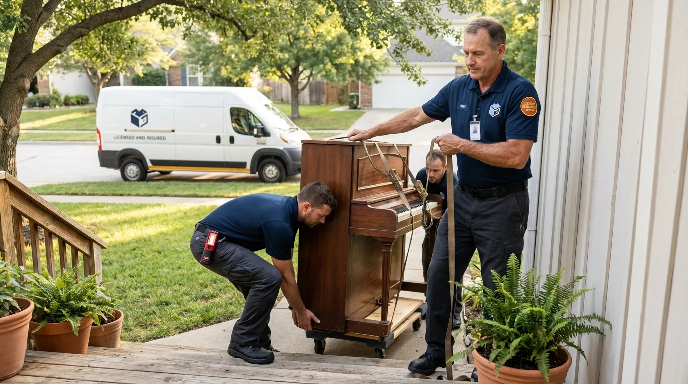 Licensed piano movers securing grand piano in Hardin, IL