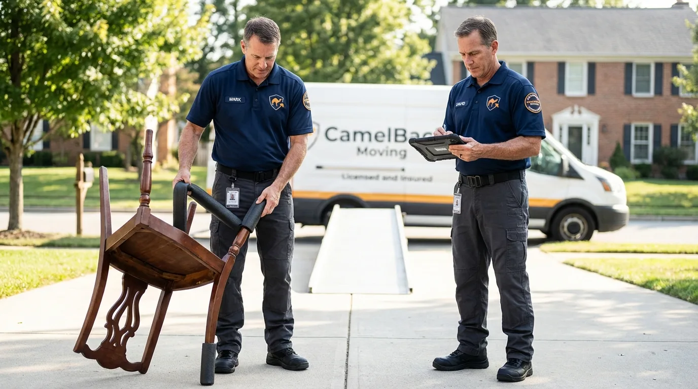 Movers inspecting furniture for damage prevention before loading in Hardin, IL