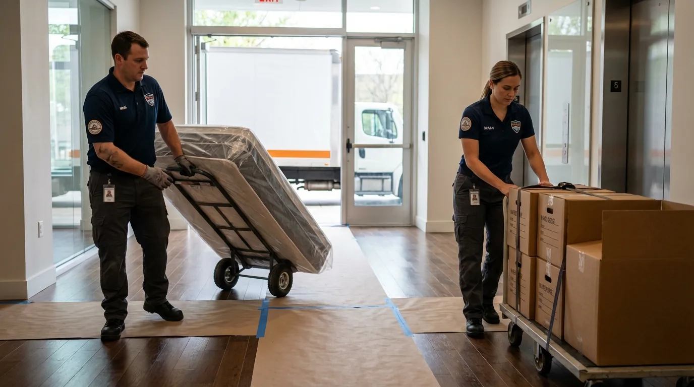Professional apartment movers loading elevator in Hardin, IL